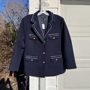 NWT Talbots Gorgeous Navy White Pocket Front Lined Long Sleeve Blazer